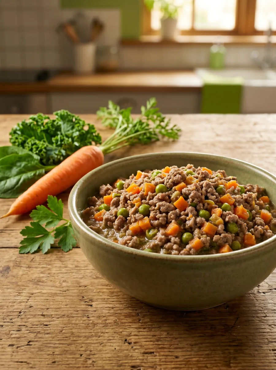 Bowl of natural cooked food for dogs with pieces of meat, vegetables and carrot