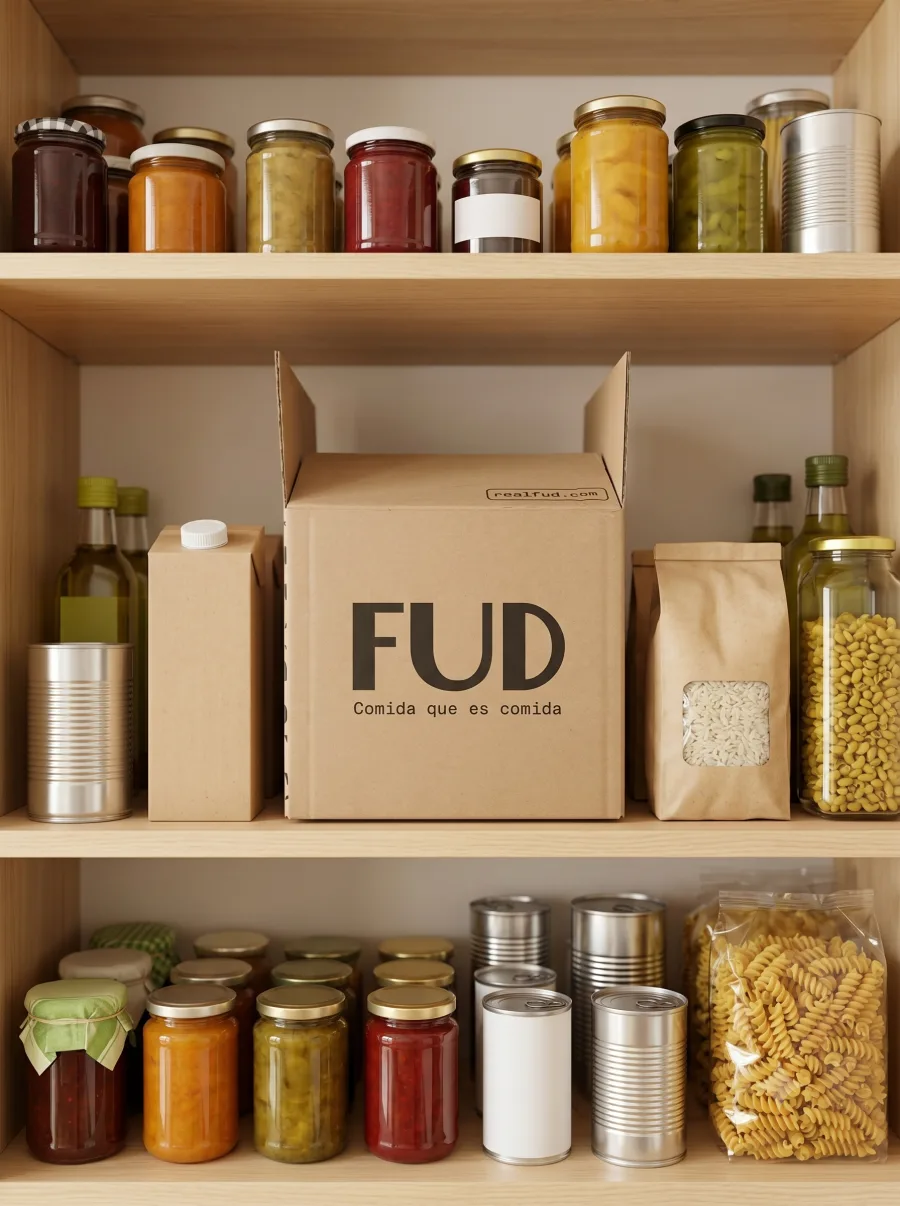 Paquetes de comida FUD guardados en la despensa, sin nevera ni congelador