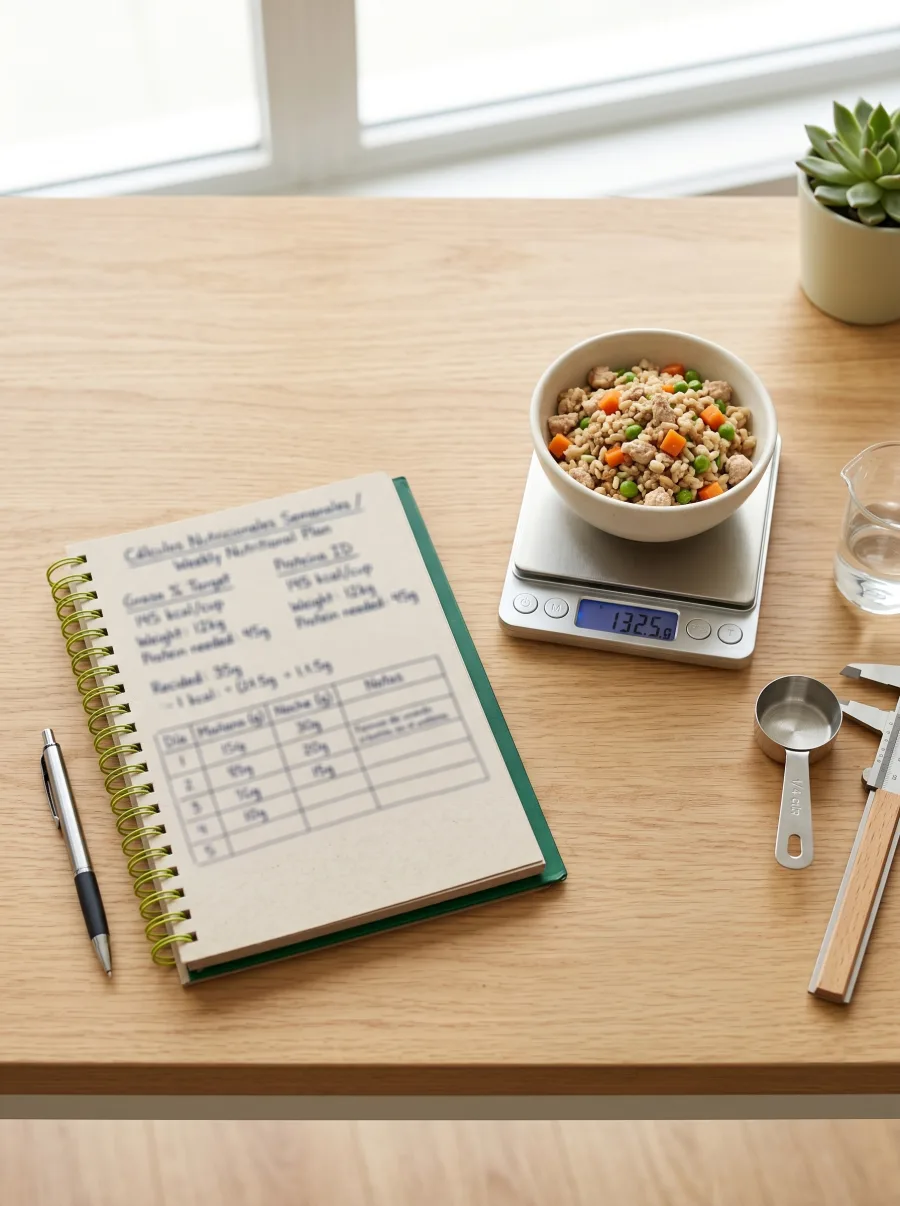 Notebook with nutritional calculations next to natural ingredients for formulating recipes for dogs