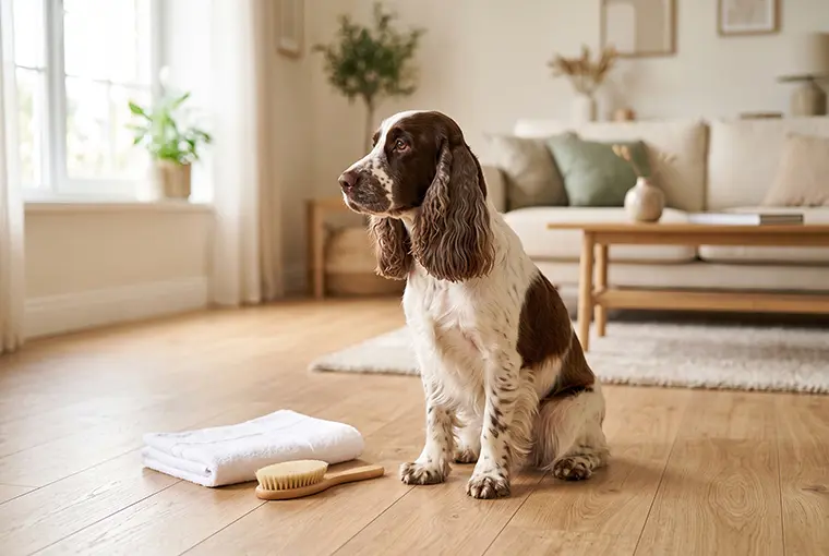 Cocker spaniel ingl&eacute;s de perfil con las orejas largas visibles, sobre un suelo de madera con una toalla y un cepillo