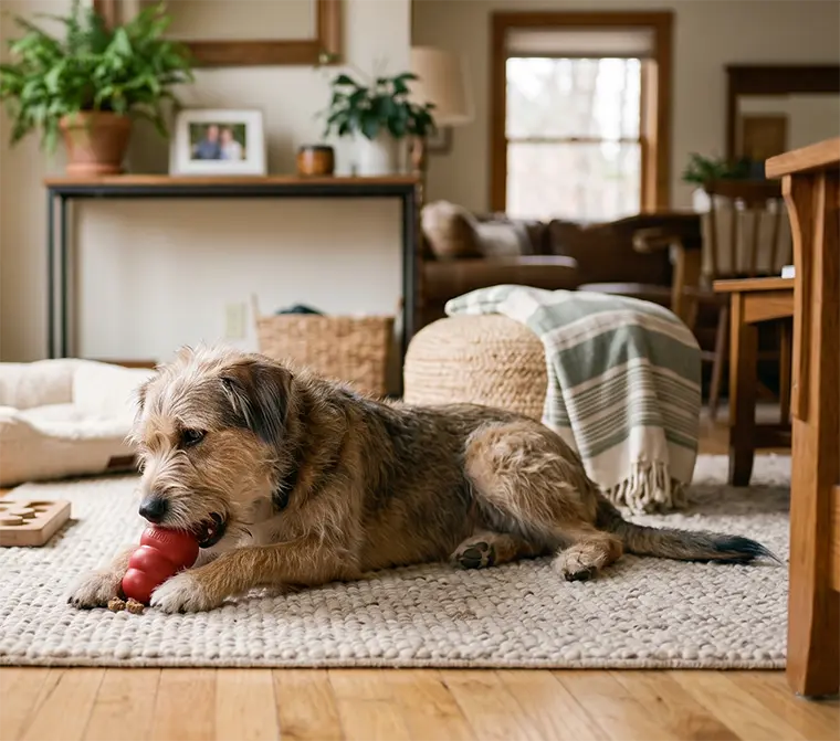 Perro relajado jugando con un juguete Kong para combatir la ansiedad por separaci&oacute;n en casa