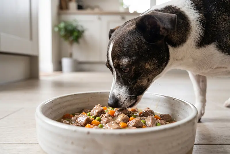 Perro comiendo en un cuenco de cer&aacute;mica en una cocina luminosa