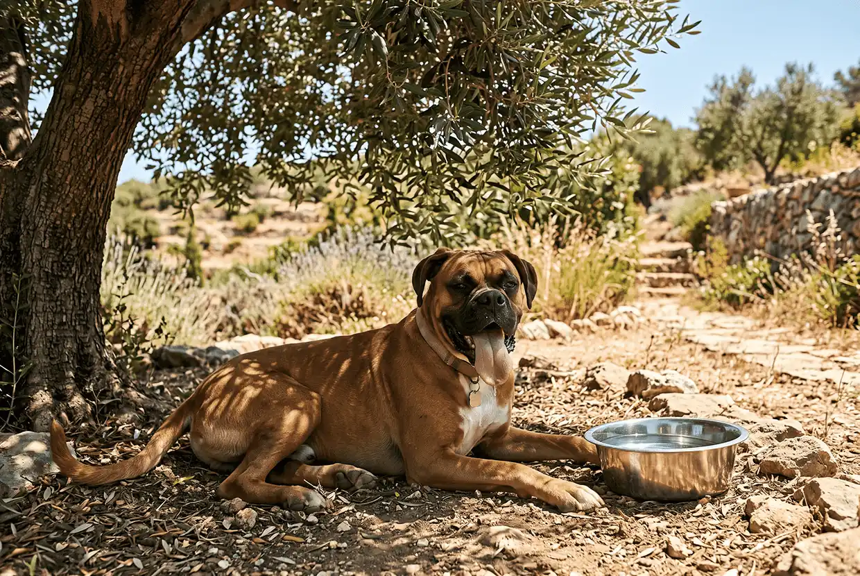 Boxer en la sombra refrescándose