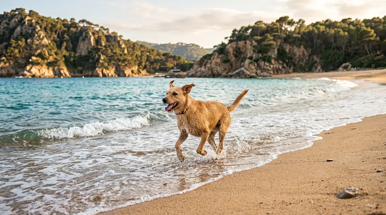 Gos jugant a l'aigua en una platja per gossos de la Costa Brava