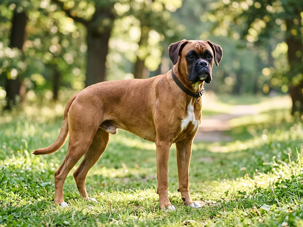 Boxer lleonat amb màscara negra en un parc, raça atlètica i familiar