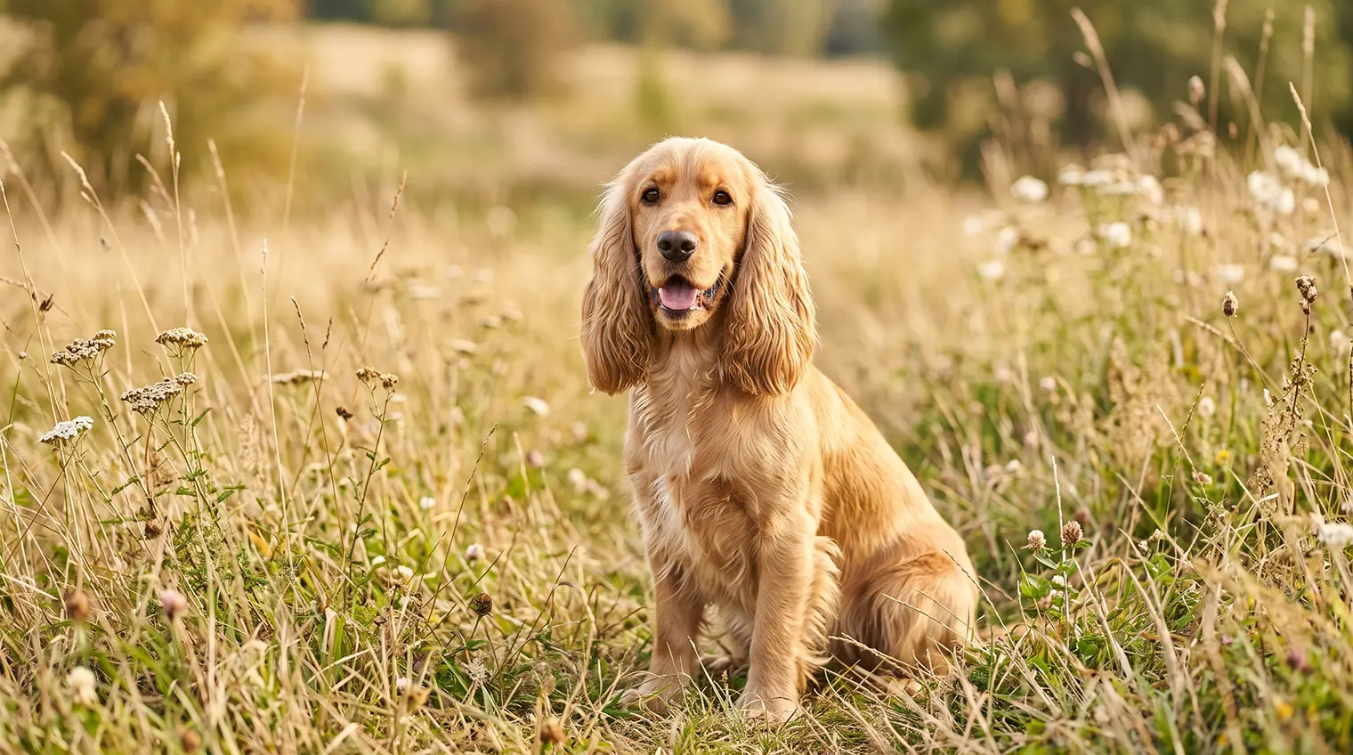 Cocker spaniel anglès daurat assegut en un camp, raça dolça i alegre