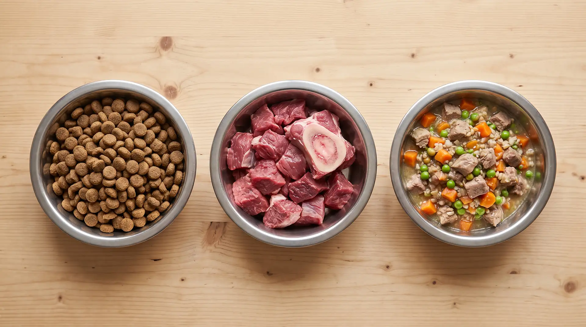 Tres cuencos de comida para perro sobre una mesa de madera: pienso seco, carne cruda con hueso y comida cocinada húmeda